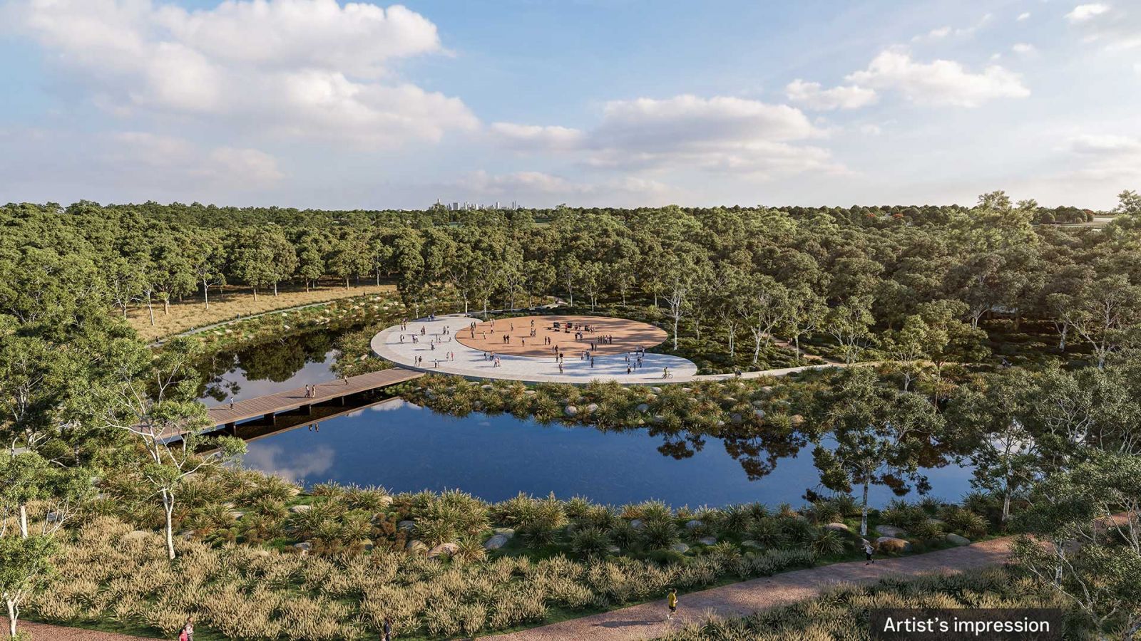 Artist’s impression view of new 1,800m2 wetland along the Yarra River. The new wetlands will re-establish a significant cultural landscape for the Wurundjeri people and create an Indigenous knowledge sharing precinct for Melbourne.  