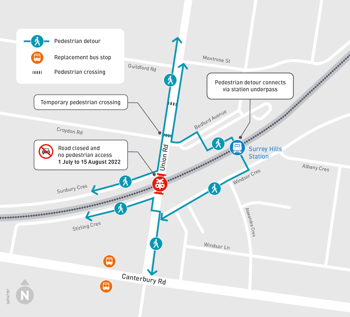Map showing pedestrian detours at Union Road, Surrey Hills in July 2022
