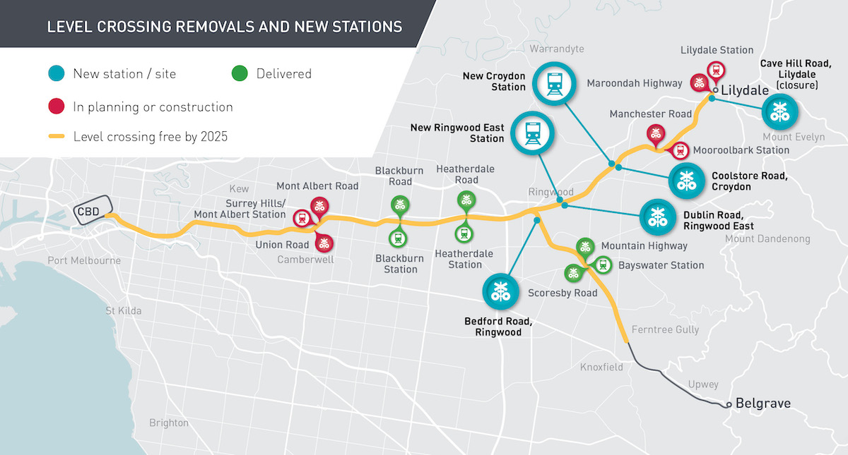 Map of Belgrave and Lilydale lines level crossings to be removed as described above