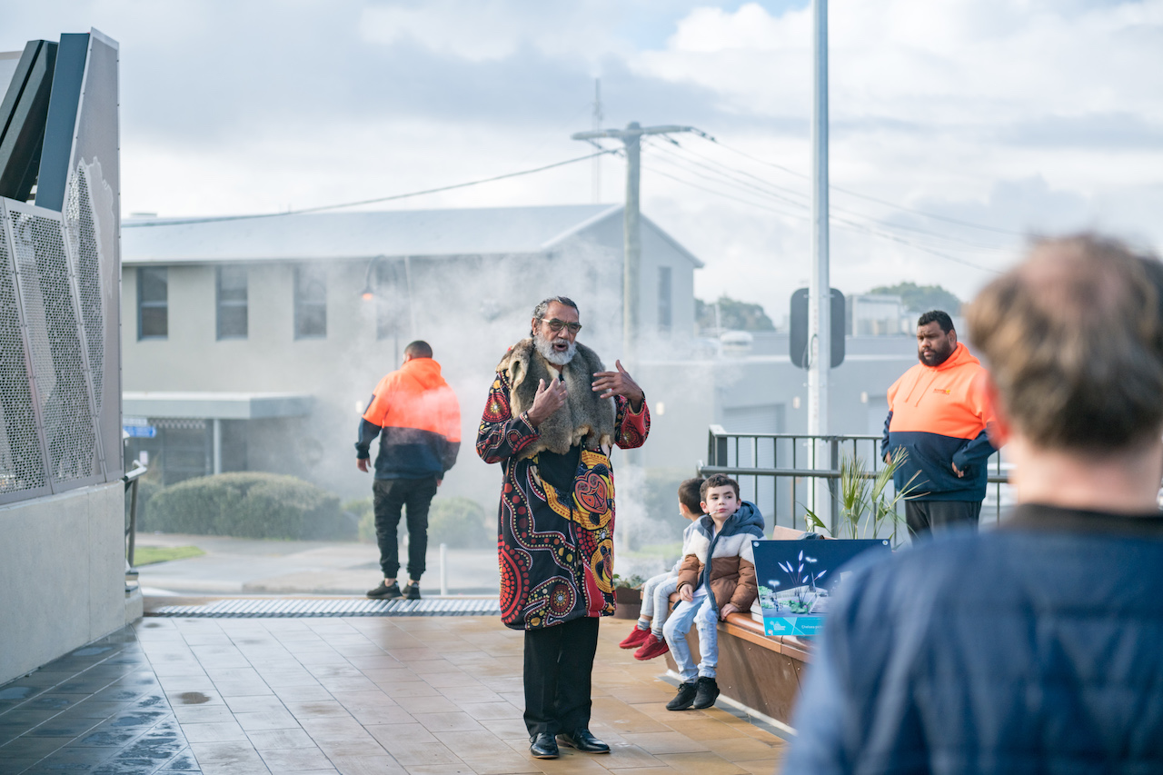 Bunurong Land Council performing a traditional Welcome to Country and a smoking ceremony.