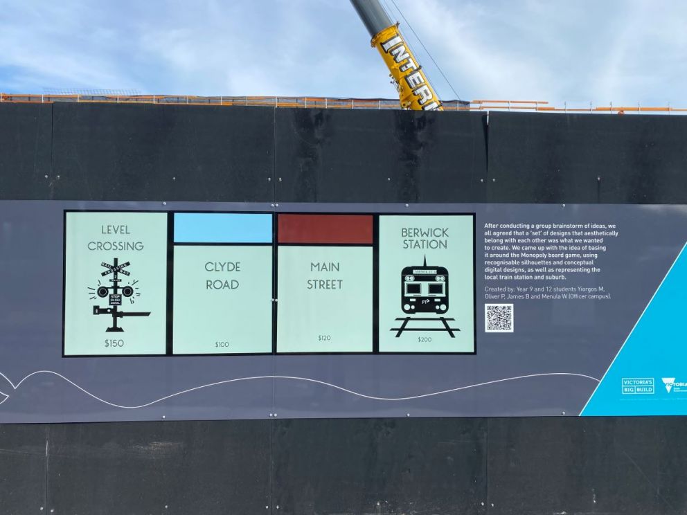 Artwork created by year 9 and 12 students Yiorgos M, Oliver P, James B and Menuka W featured on the hoarding near Berwick Station