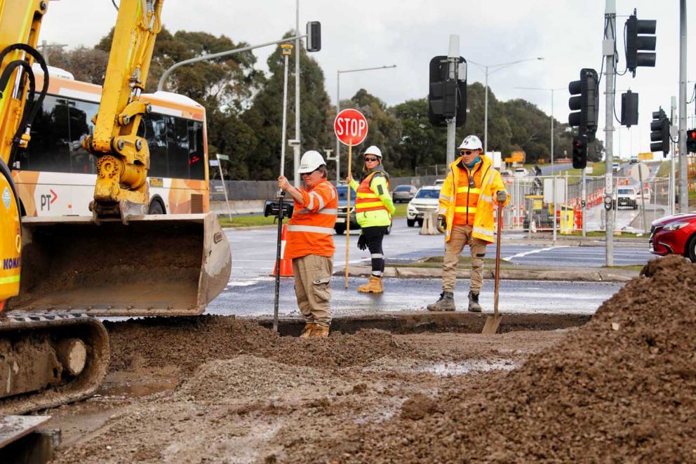 The team surveying the levels at the Narre Warren North Road and Ersnt Wanke intersection