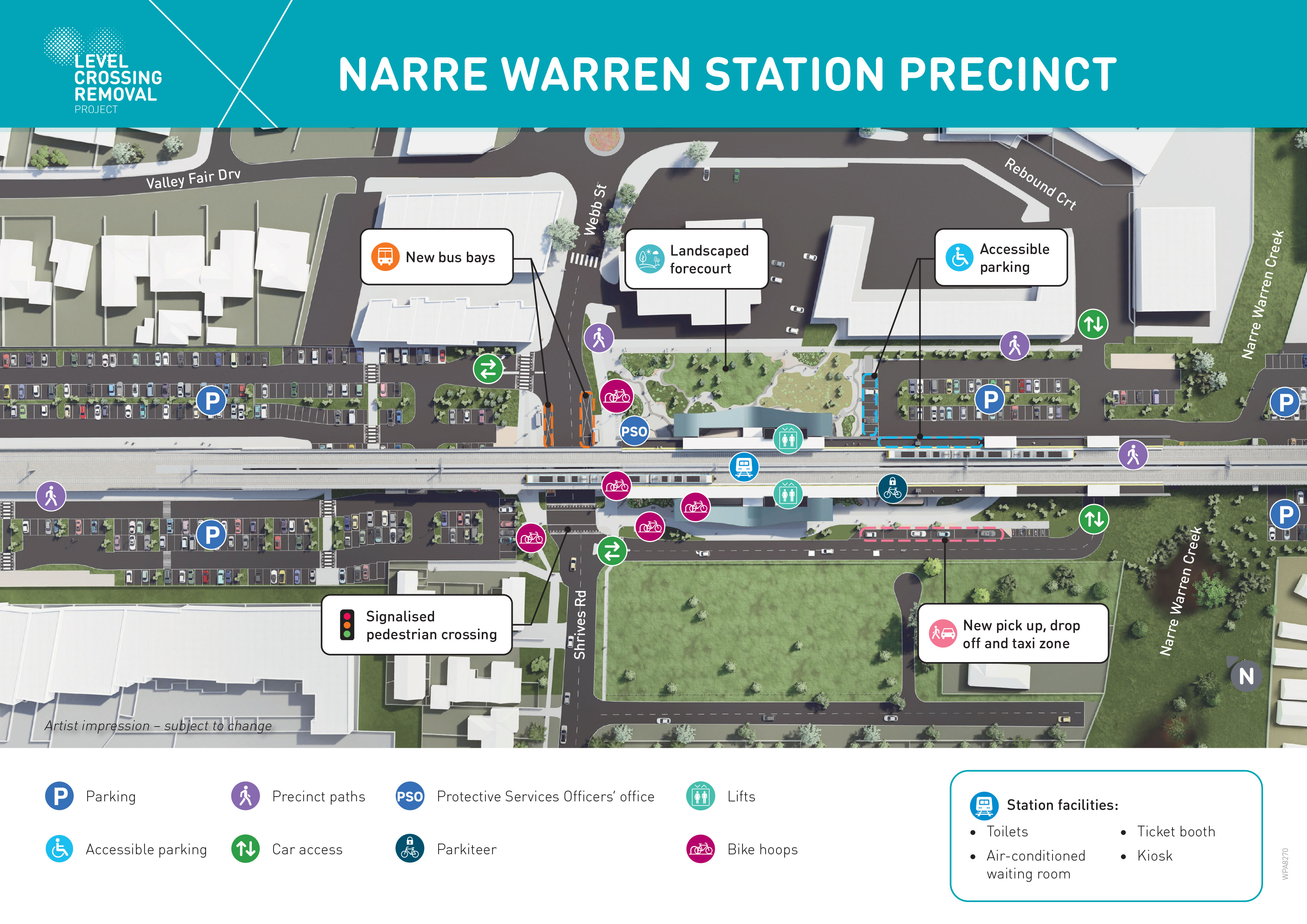 Station precinct map showing car parking on both sides  of Webb Street under the elevated rail bridge. New bus bays located on Webb Street. Bike hoops in station precinct. Signalised pedestrian crossing at Webb Street. New pick up, drop off and tax zone. Landscaped forecourt.