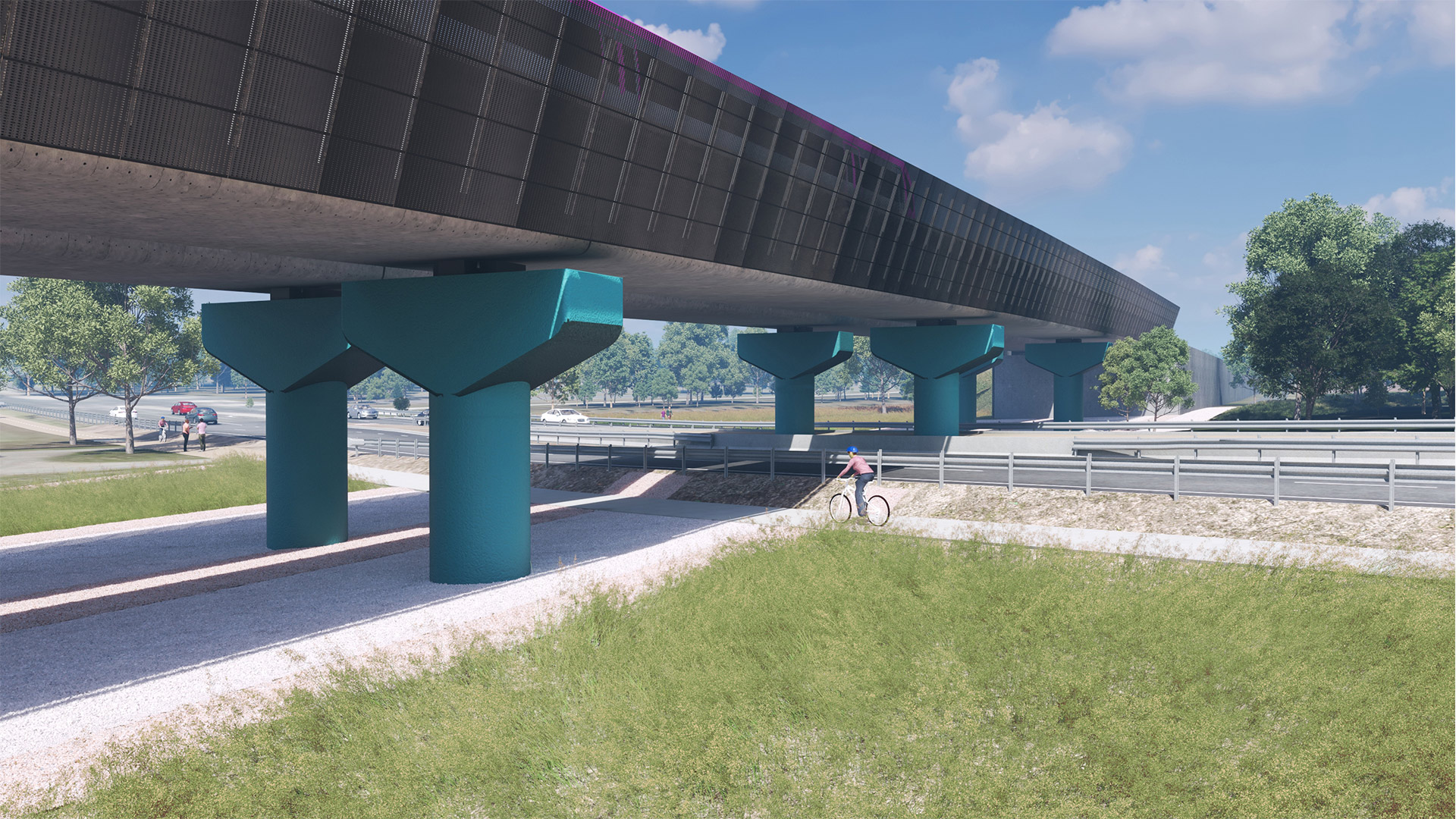 Depicted in the centre of this image is a cyclist riding along Surf Coast Highway along the new shared user path, underneath the elevated rail bridge. In the background there are pedestrians walking along the shared used path and cars travelling along Surf Coast Highway.