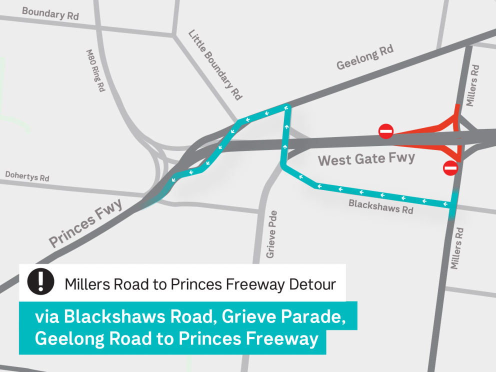 A map showing the Millers Rd to Princes Freeway detour.