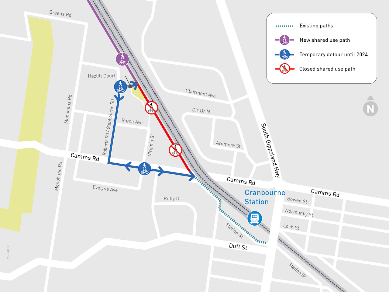 Shared use path closure along rail corridor. Detour via Cams Road, Robers Road/Glenbourne Road and Hazlitt Court.