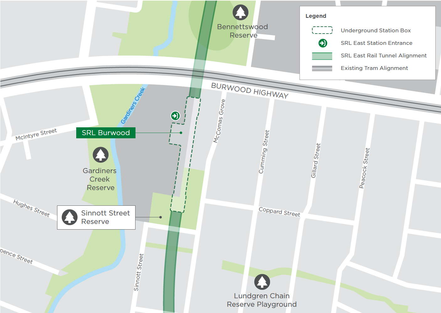 Map: Burwood SRL Station footprint with Sinnott Street Reserve highlighted