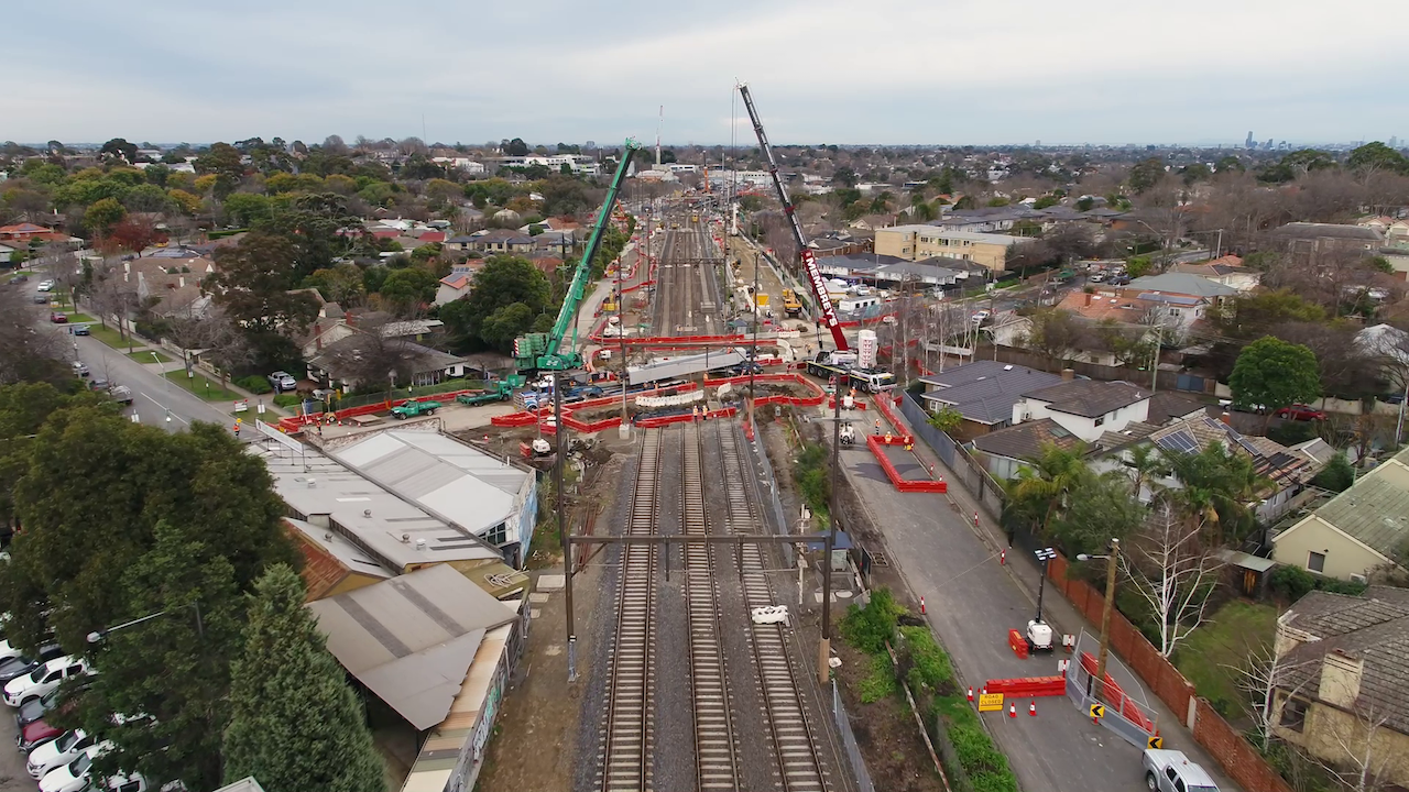 Aerial photo of works in Mont Albert and Surrey Hills