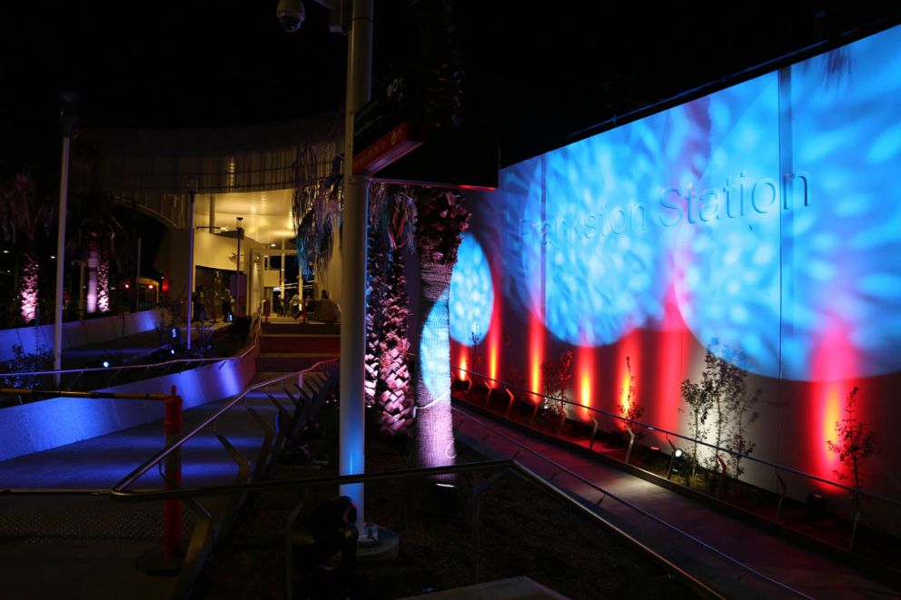 Purple projections on the station
