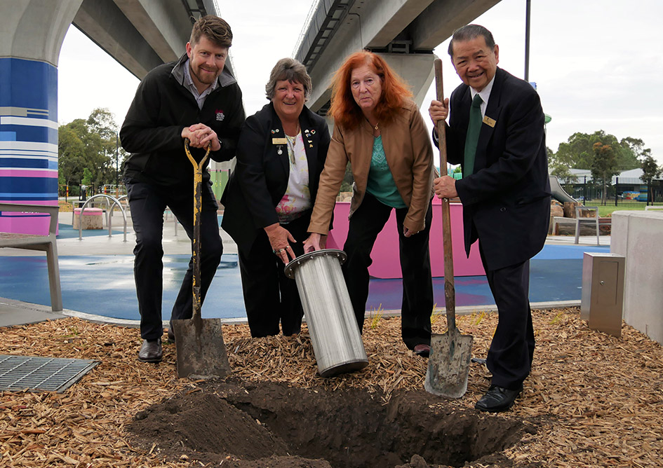 City of Greater Dandenong Major Cr Youhorn Chea joined Level Crossing Removal Project Senior Engineer Matthew Williamson and councillors Angela Long and Roz Blades to bury the time capsule.