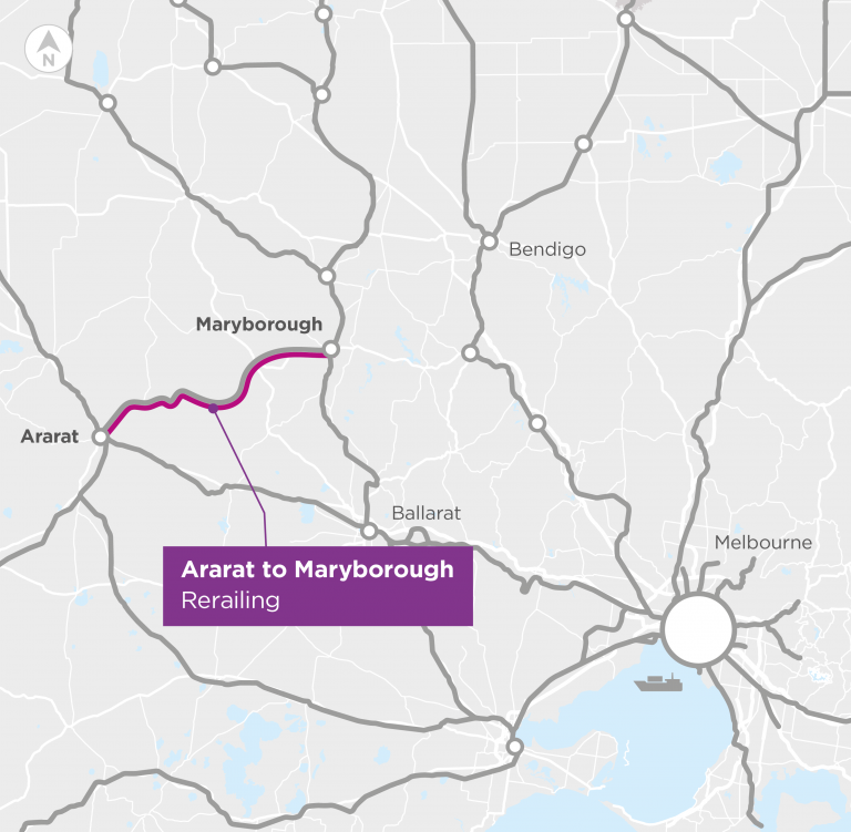 A map of western Victoria, the rail line between Ararat and Maryborough is highlighted, indicating where rerailing works have taken place.