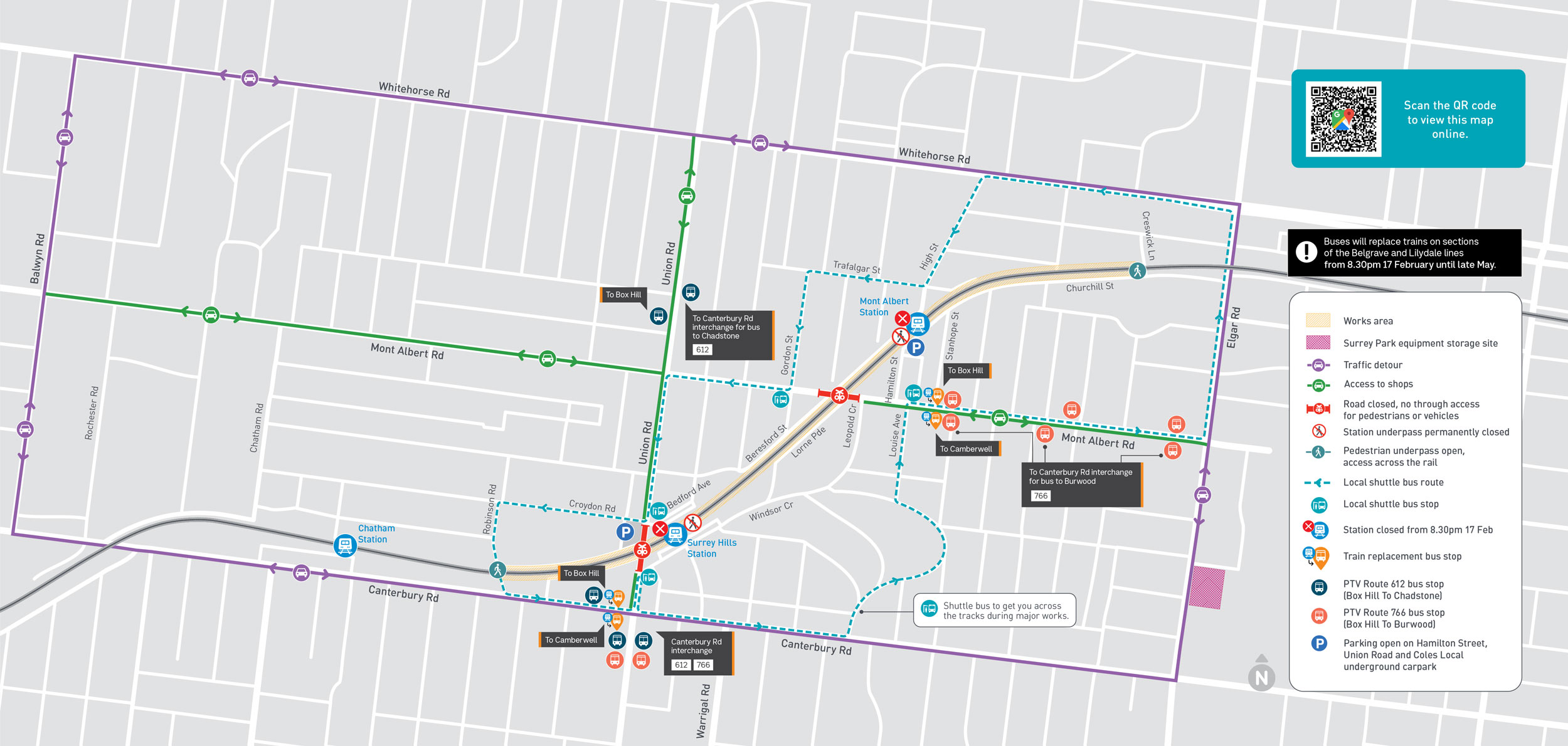Map of Mont Albert and Surrey Hills works. Works listed above in detail.