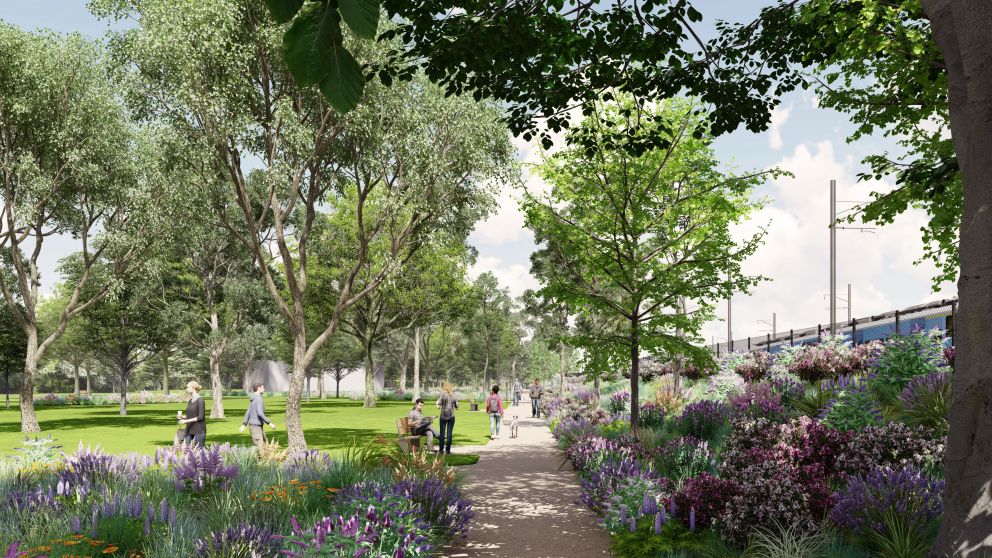 render of people on footpath and in parkland alongside elevated rail bridge, separated by flowerbed embankment