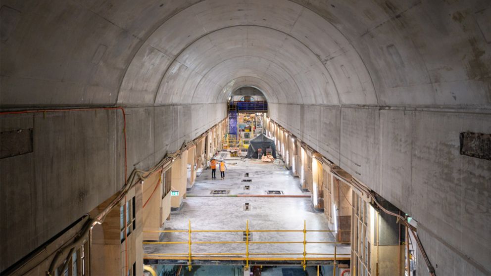 State Library Station platform concourse area under construction featuring arched ceiling
