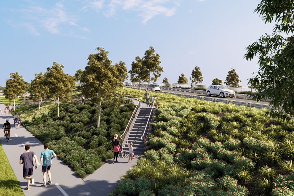 View of the road bridge embankment facing north from Copper Beech Road