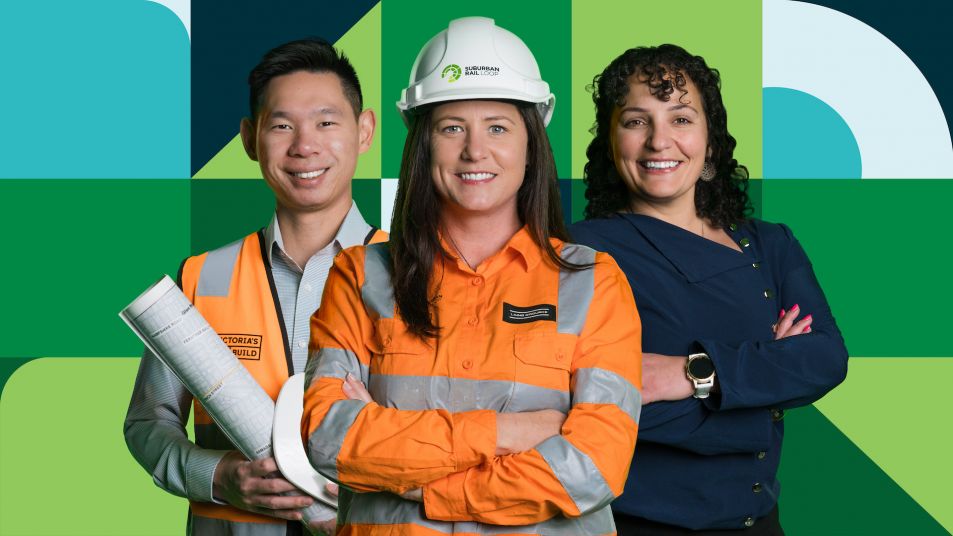 Three SRL employees posing for a photo, one wears an SRL hard hat