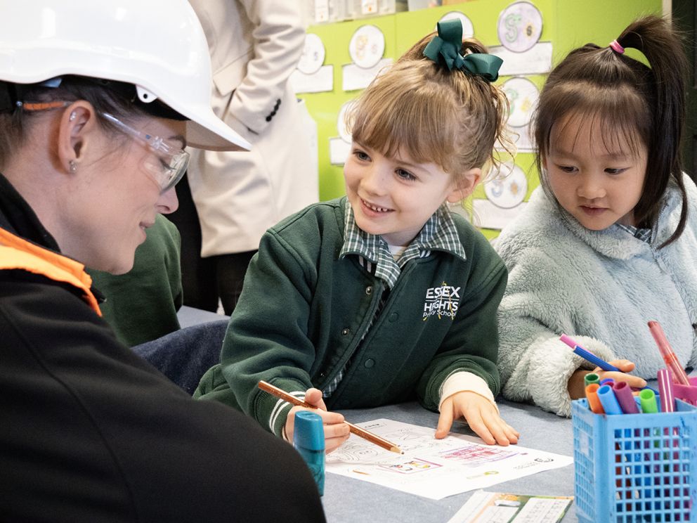 Image shows Sage, a primary school student learning about construction in Burwood.