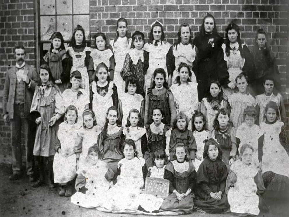 Image shows Teacher with female students at Glen Waverley Primary School, 1899 