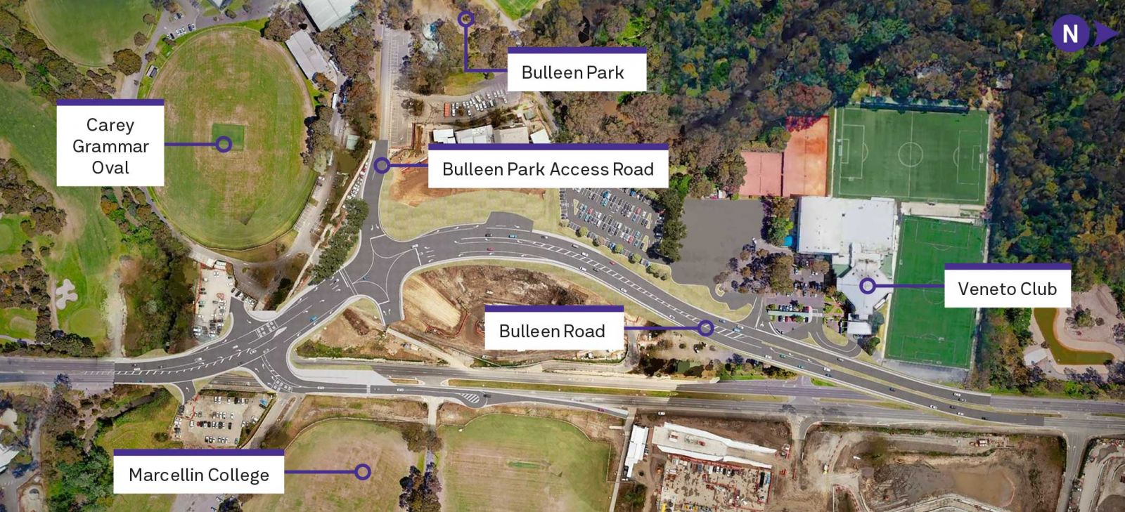 Aerial artist impression of Bulleen Park Access Road, Bulleen Road, Bulleen Park, Carey Grammar Oval, Marcellin College and Veneto Club.