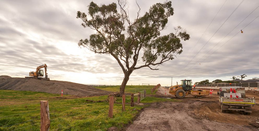 A roller preparing road foundations, while a digger and truck manage a stockpile