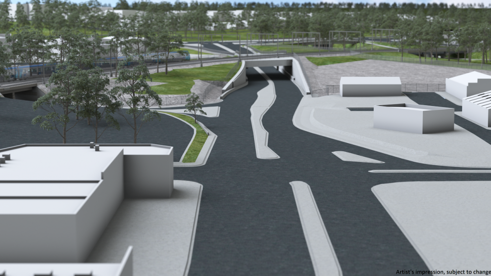 View from Cheltenham Road into the new road underpass under the rail line. Artist impression subject to change