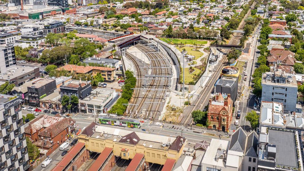 Aerial view of South Yarra showing the widened rail corridor for the Frankston and Gippsland lines near the Metro Tunnel entrance