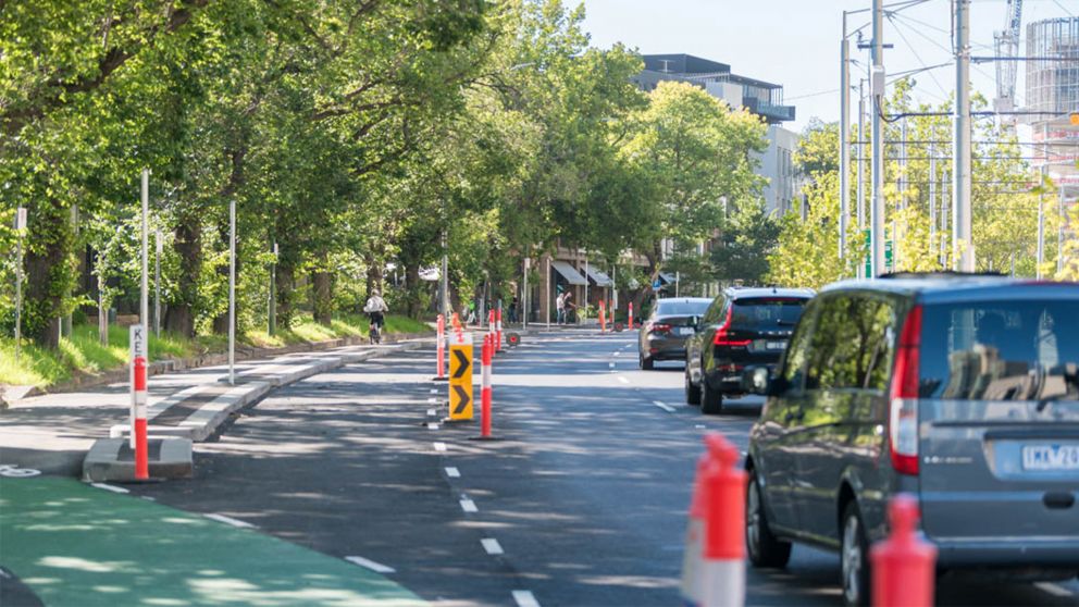 View of St Kilda Road with construction cones