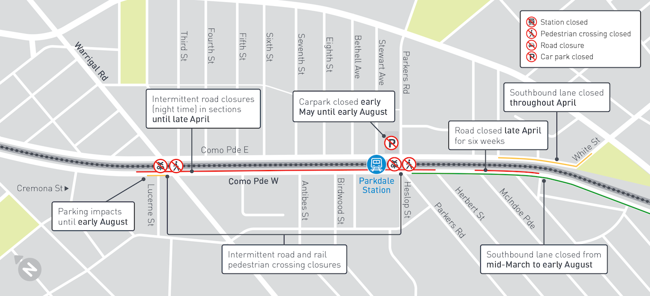 Map showing road closures on Como Parade West and throughout April