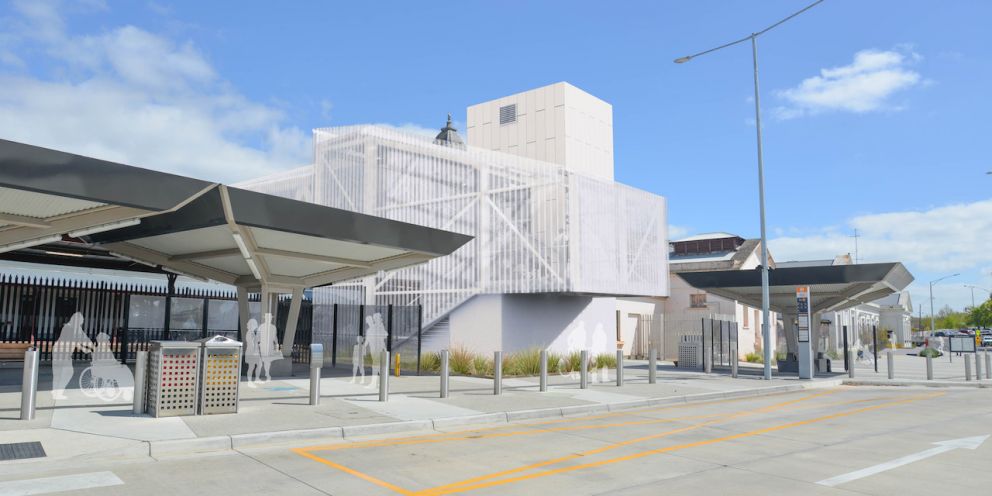 The new stairwell and lift shaft on the northern side of Ballarat Station. Artist impression only, subject to change.