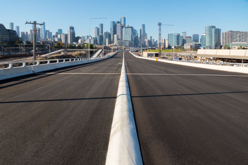 Newly laid asphalt on the new Wurundjeri Way extension