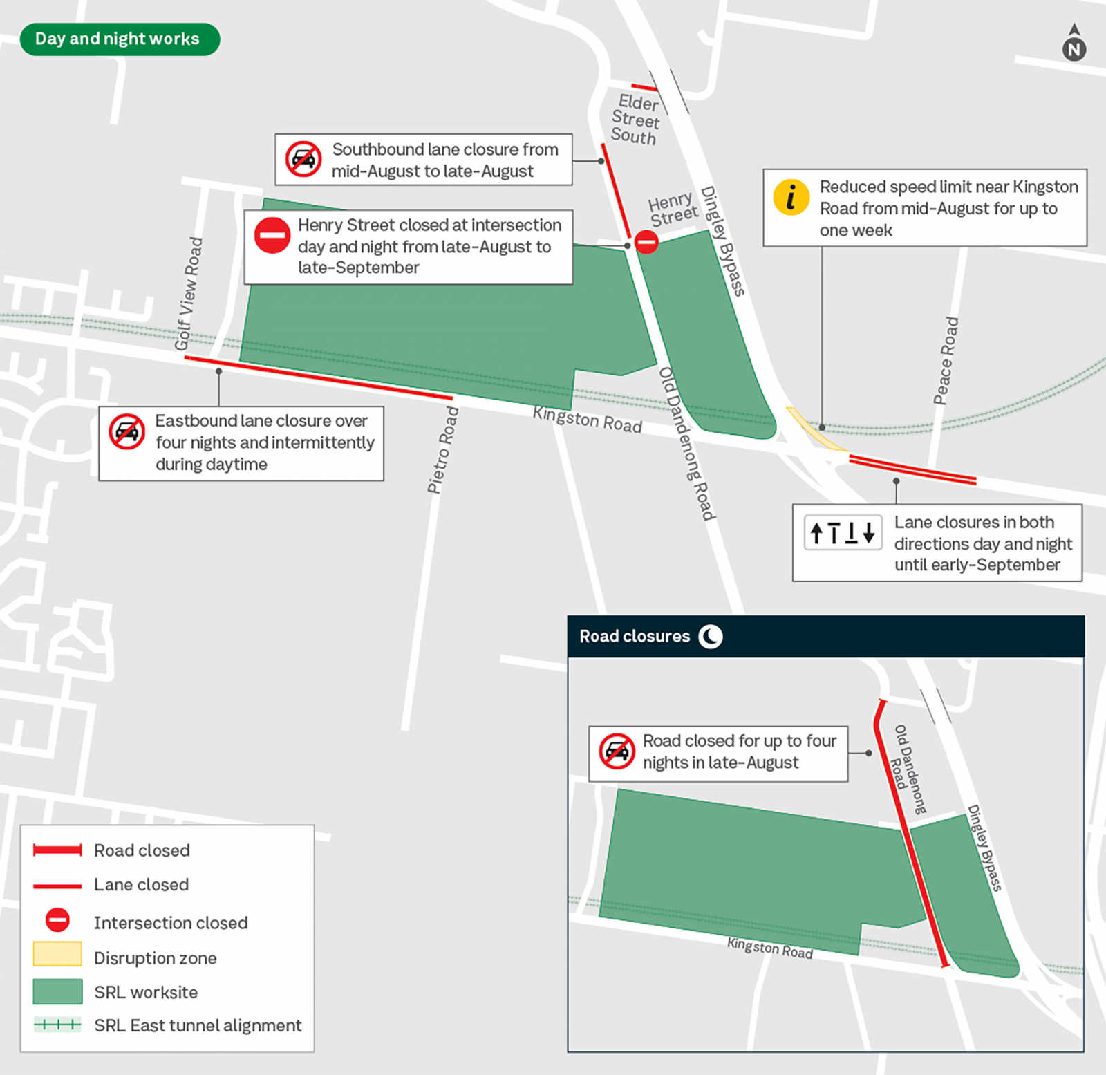 Road and lane closures on Old Dandenong Road, Kingston Road and Elder Street South during the month of August. 