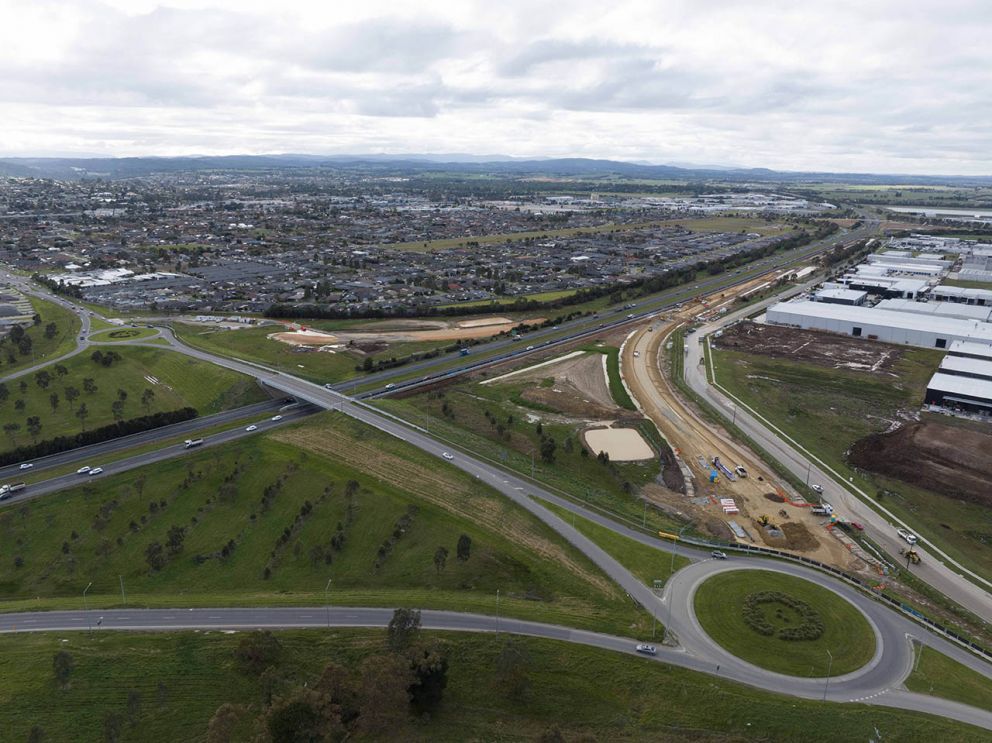 June 2023- An aerial view of the new freeway ramps at McGregor Road