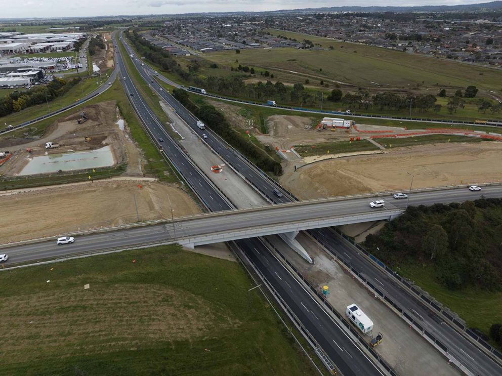 July 2023- An aerial view of the embankments for the new Healesville-Koo Wee Rup Road bridge