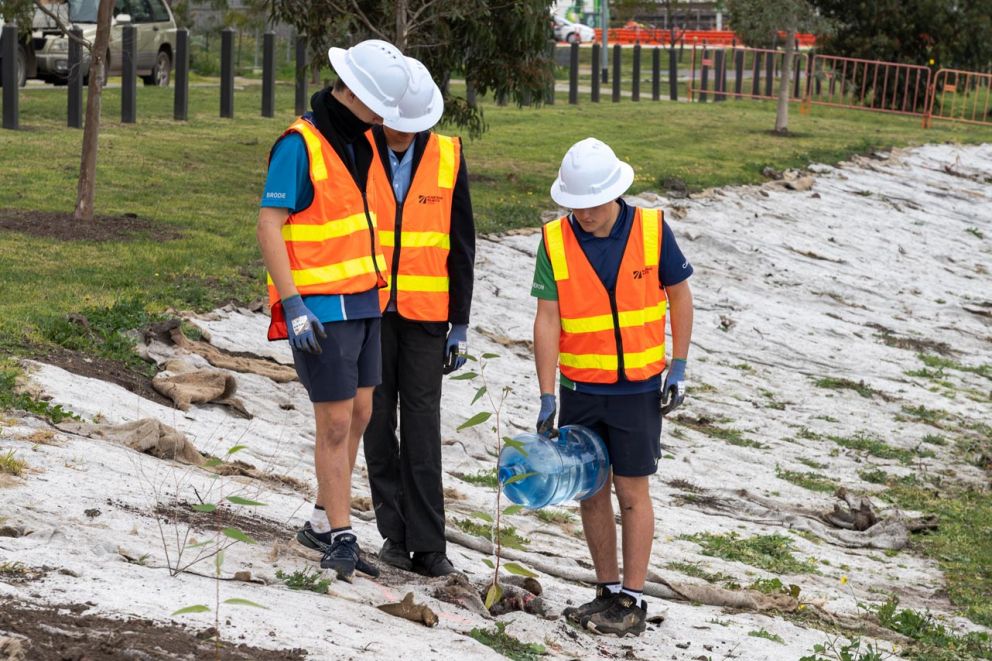 Aitken College students planting trees at Candy Road Basin.