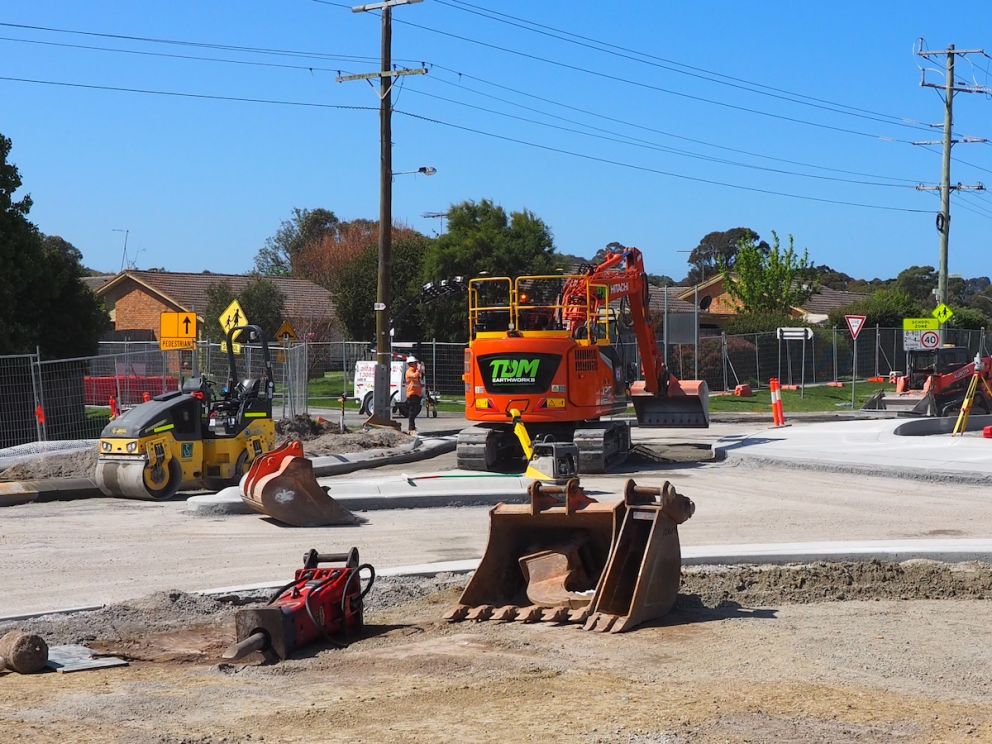Crews work on building the new roundabout