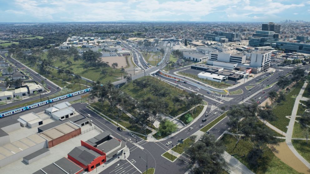 Webster Street closed at the level crossing, and new road underpass from Princes Highway-Lonsdale Street to Cheltenham and Hammond Roads. Artist impression, subject to change.