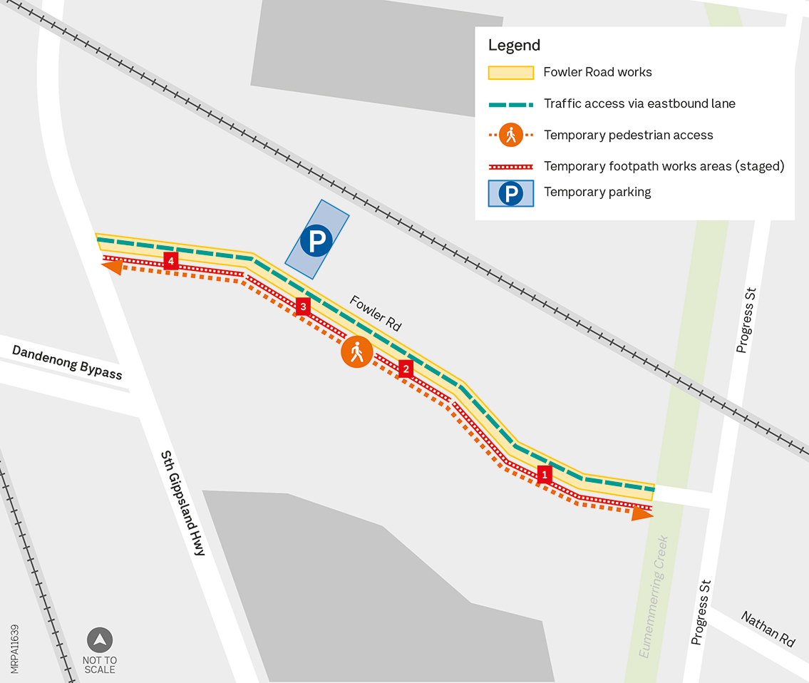 Map showing location of works on Fowler Road between South Gippsland Highway and Progress Street