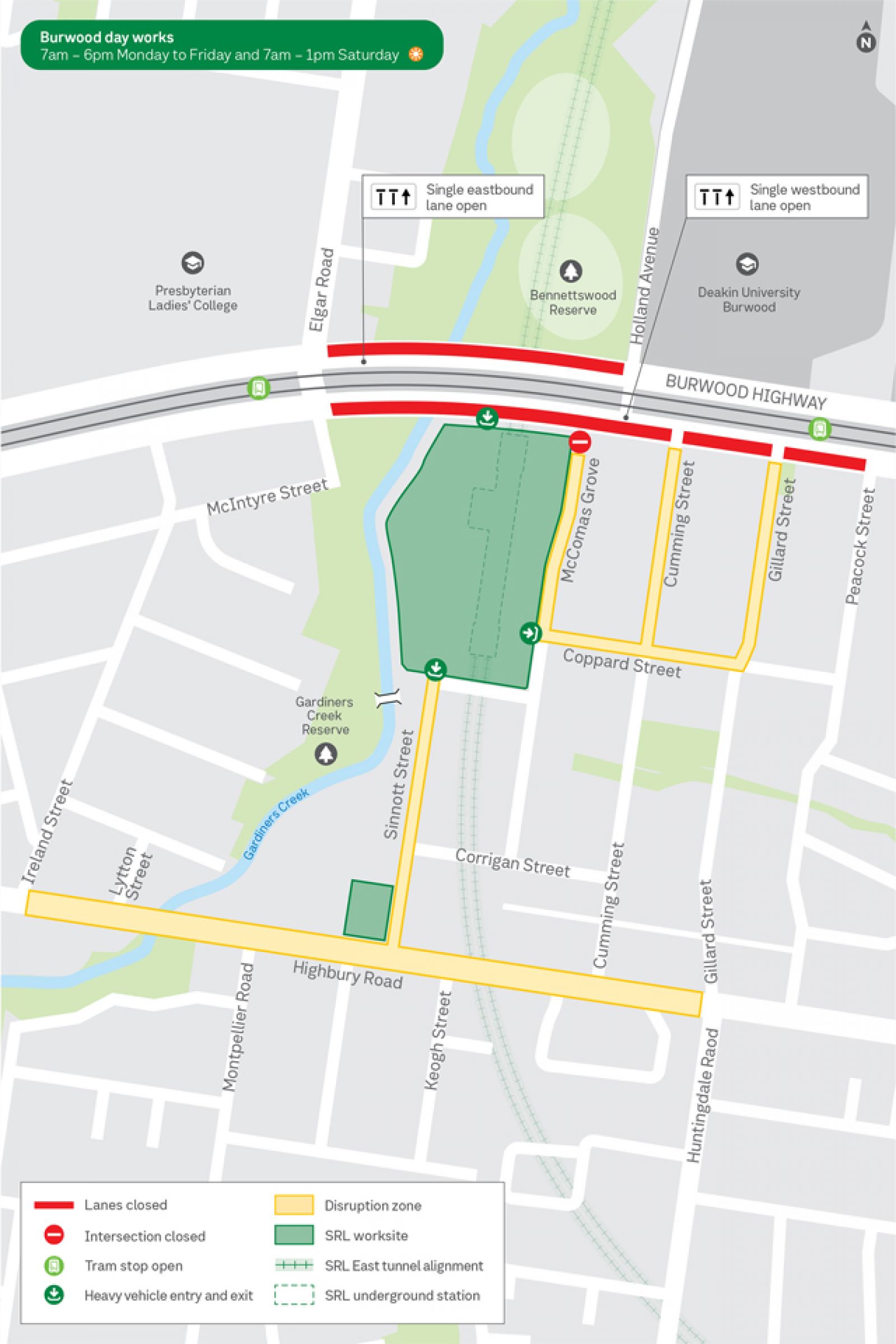 Map outlines lane closures and  traffic disruptions in Sinnott Street, McComas Grove, Cumming Street, Gillard Street and Highbury Road.