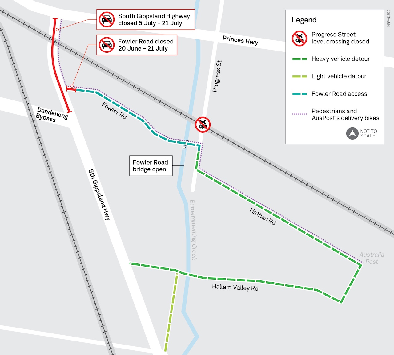 Road detours around Progress Street via Fowler Road and Hallam Valley Road