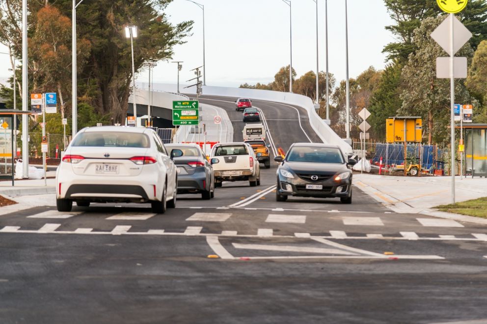 Vehicles can now safely cross the rail line via the new Golden Way road bridge
