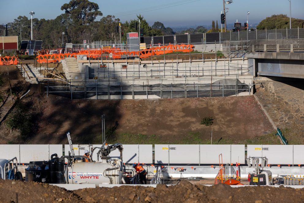 New foundations on the Princes Freeway being prepared for bridge beam installation later this year 