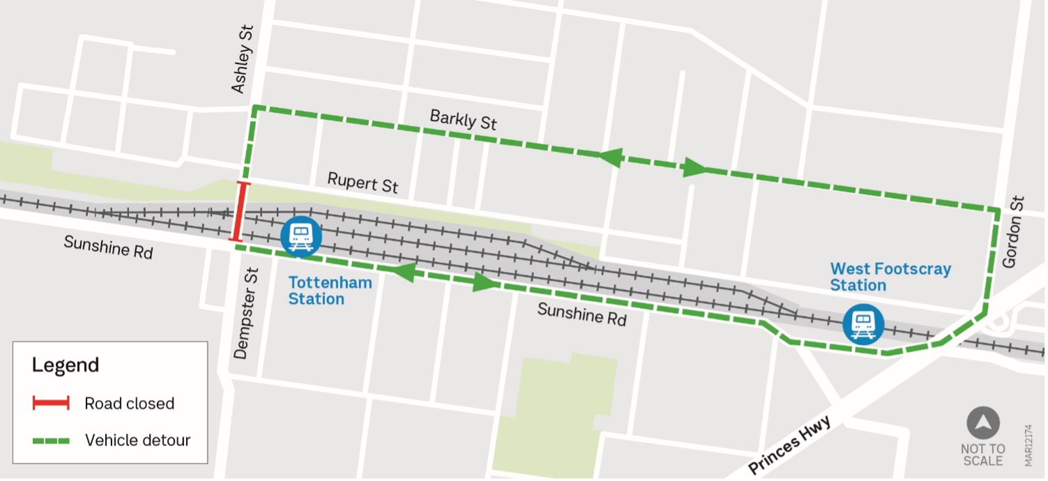Map showing detour via Barkly Street, Gordon Street and Sunshine Road