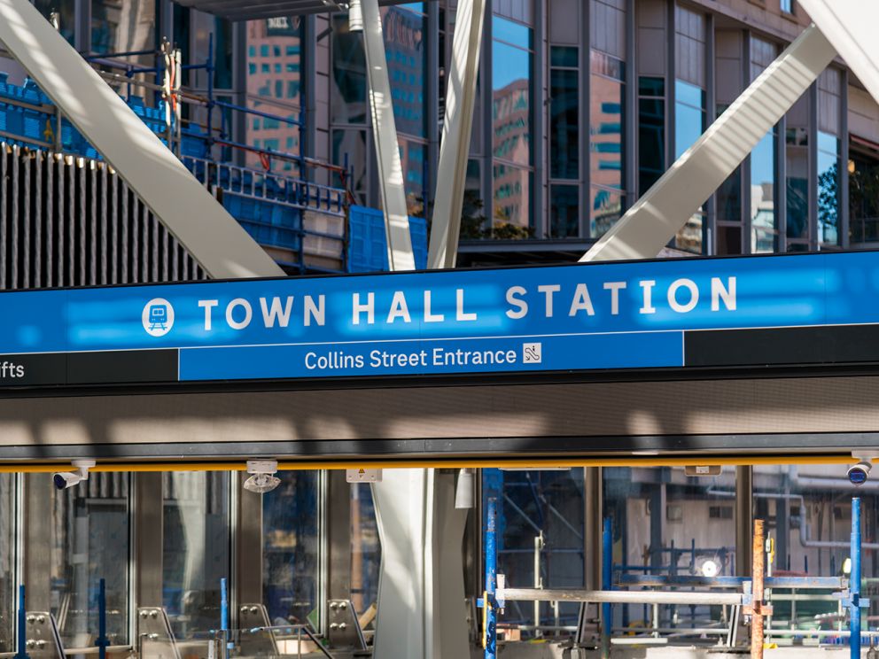 Main entrance signage to Town Hall Station. 