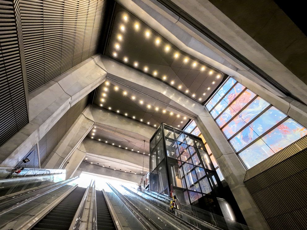 Escalators inside the main entrance. 