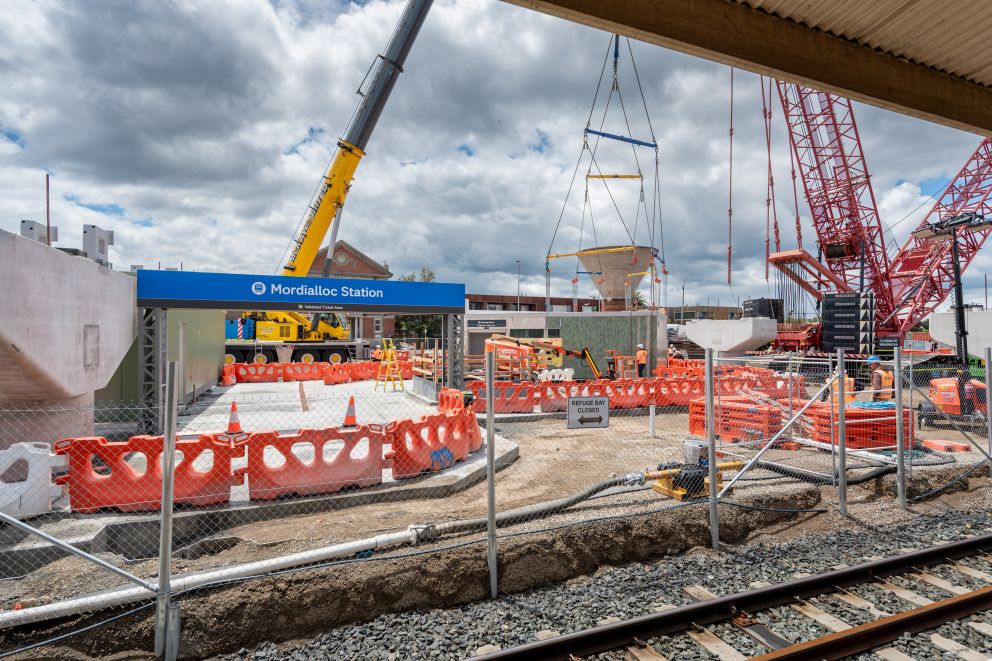 The new Mordialloc Station entrance station sign, and the new waiting room in place