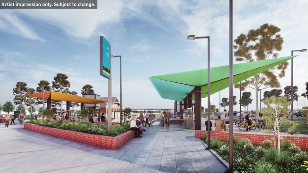New North Williamstown Station forecourt and platforms entry. Artist impression only. Subject to change.