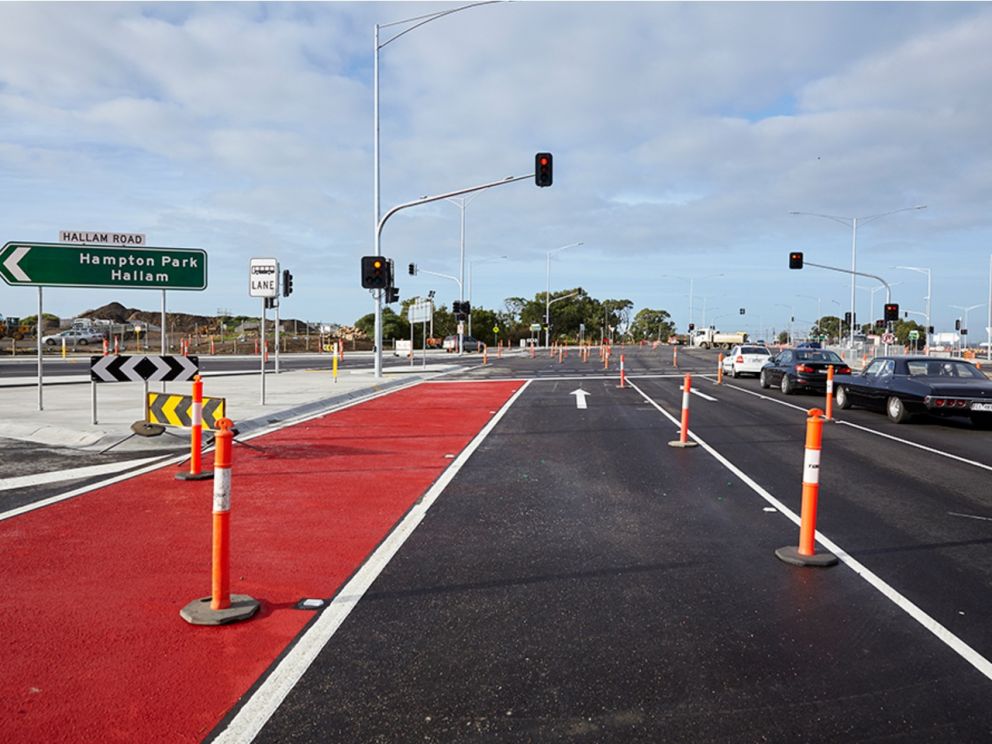 Image of the intersection highlighting the added bus lane, and shows the direction left pointing toward Hampton Park Hallam