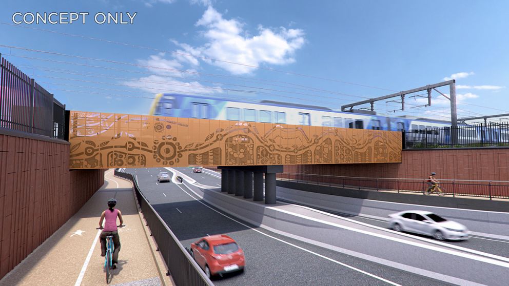 Artists impression of the level crossing at Gap Road, with rail bridge over road with cars