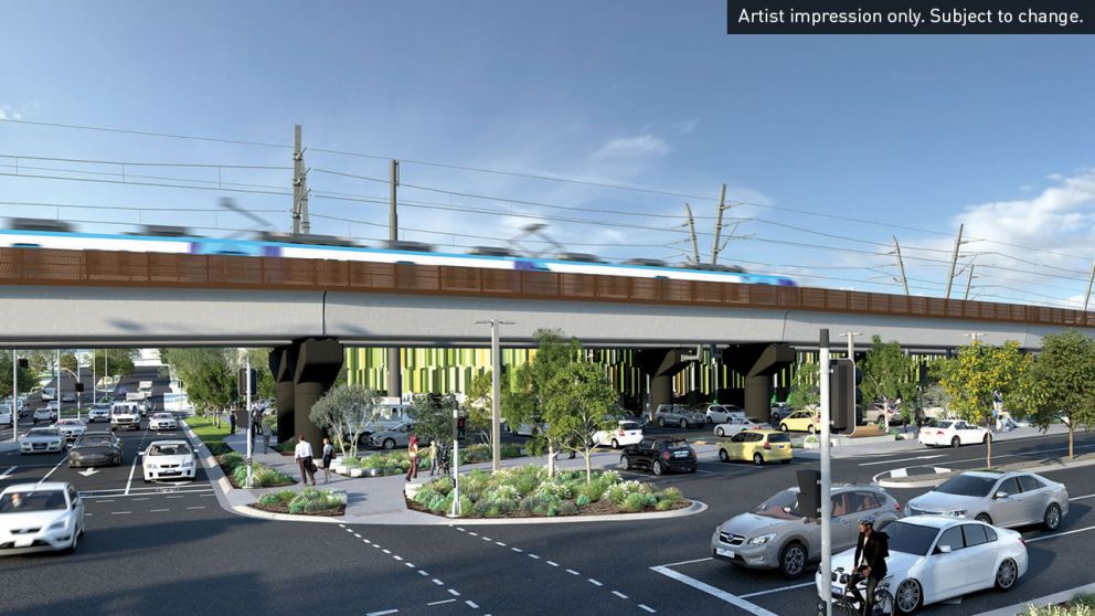 Artist impression of elevated rail at the intersection of Brice Avenue and Manchester Road. Artist impression only. Subject to change.