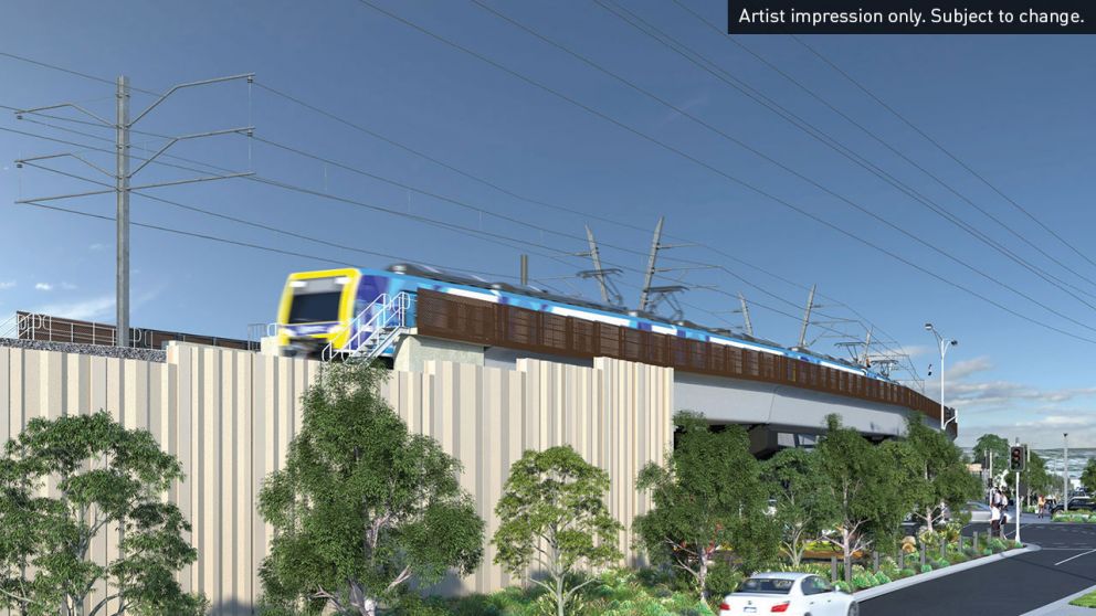 Artist impression of view of elevated rail from Sherlock Road, looking towards Manchester Road. Artist impression only. Subject to change.